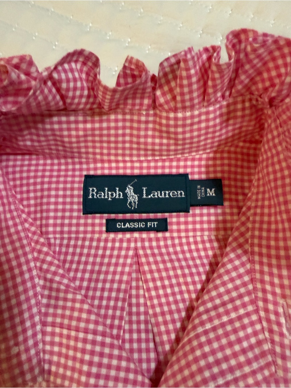 Upcycled Ralph Lauren Pink Gingham Ruffle Collar Button-Down Shirt - Picture 8 of 9